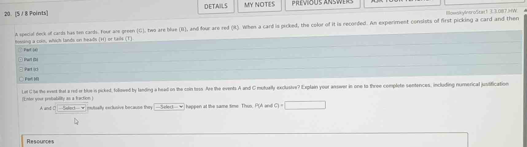 a special deck of cards has ten cards. four are green (g), two are blue…