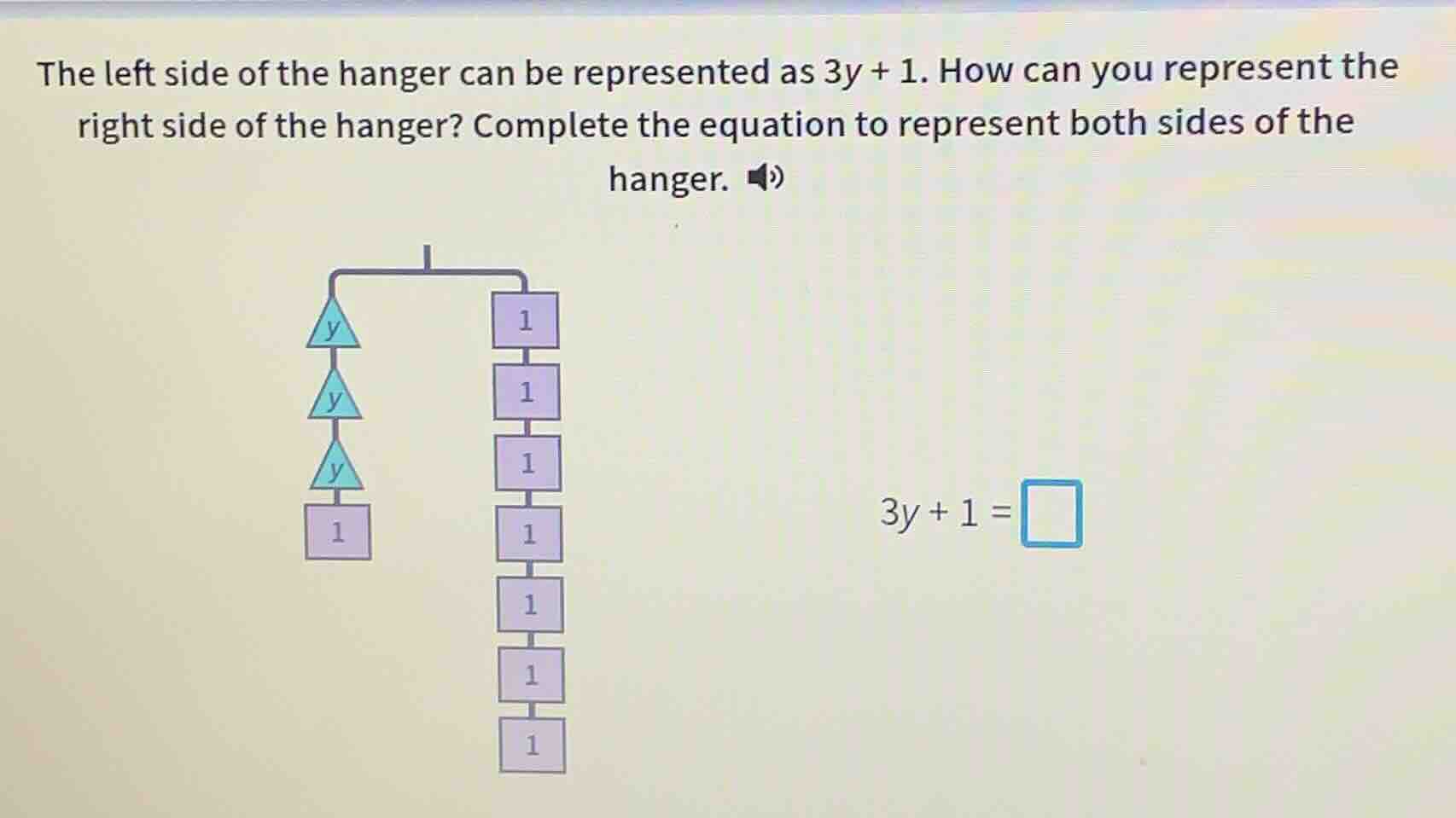 the left side of the hanger can be represented as 3y + 1. how can you r…