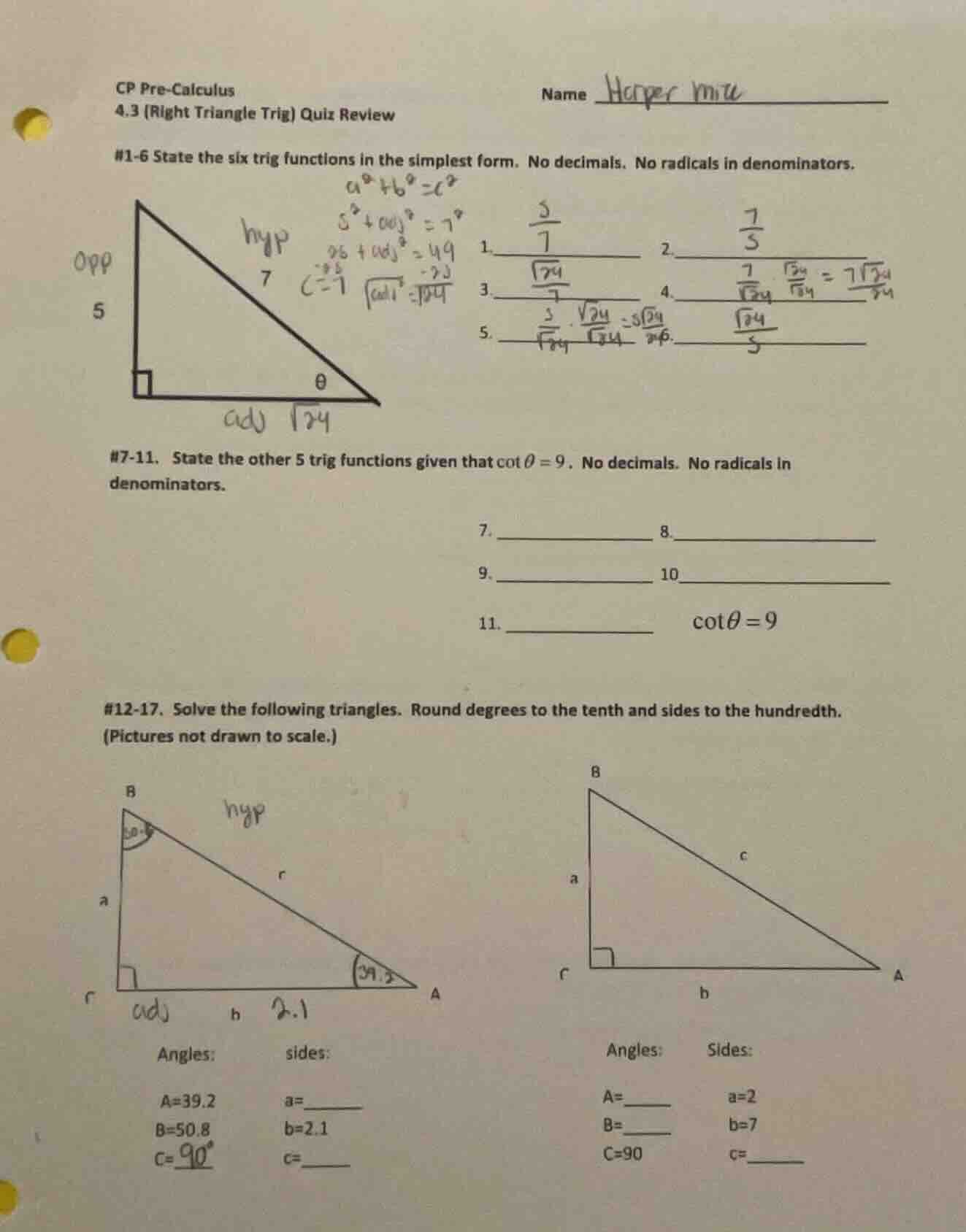 cp pre - calculus 4.3 (right triangle trig) quiz review name #1 - 6 sta…