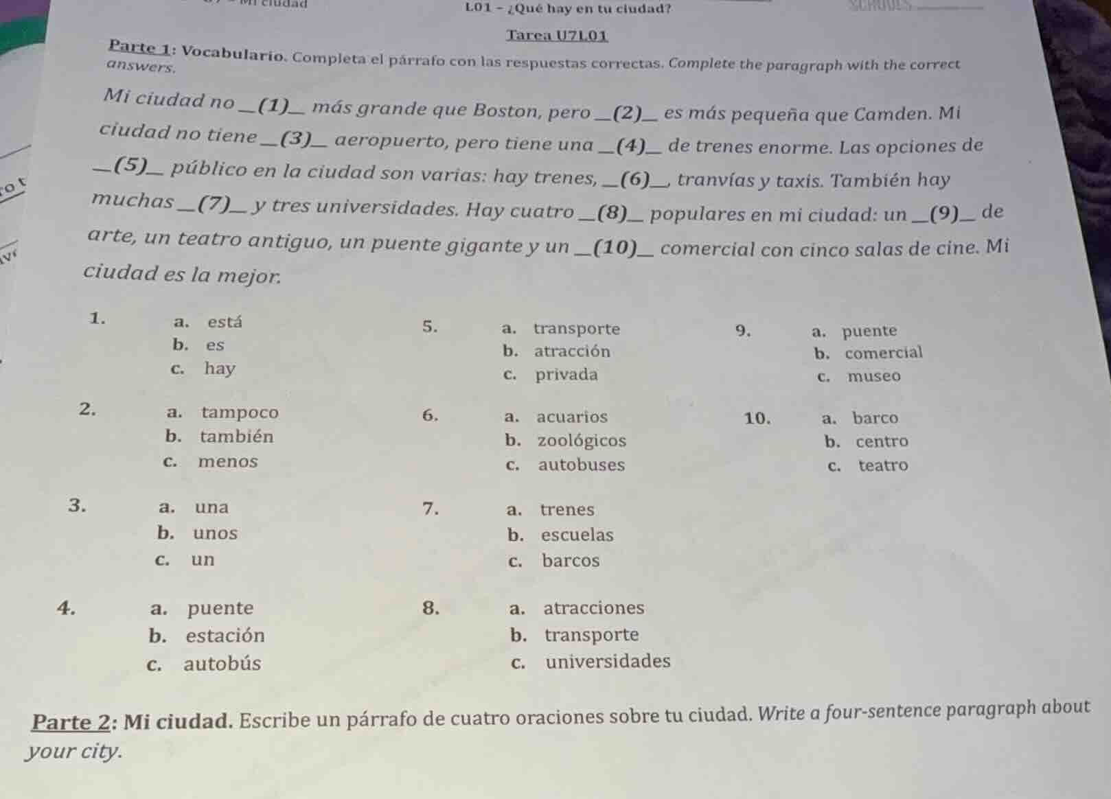 l01 - ¿qué hay en tu ciudad? tarea u71.01 parte 1: vocabulario. complet…