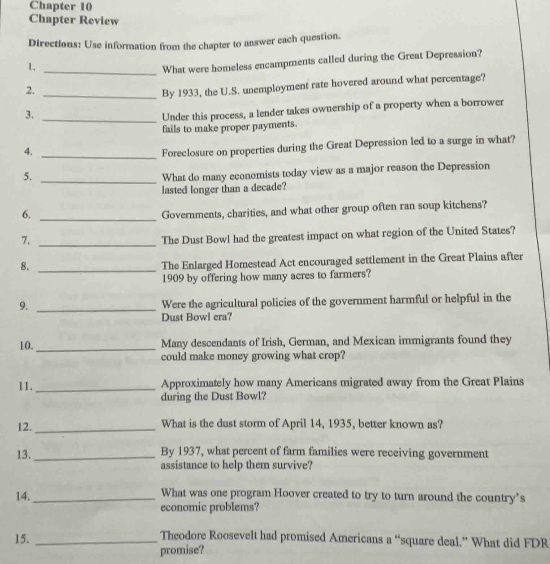 chapter 10 chapter review directions: use information from the chapter …