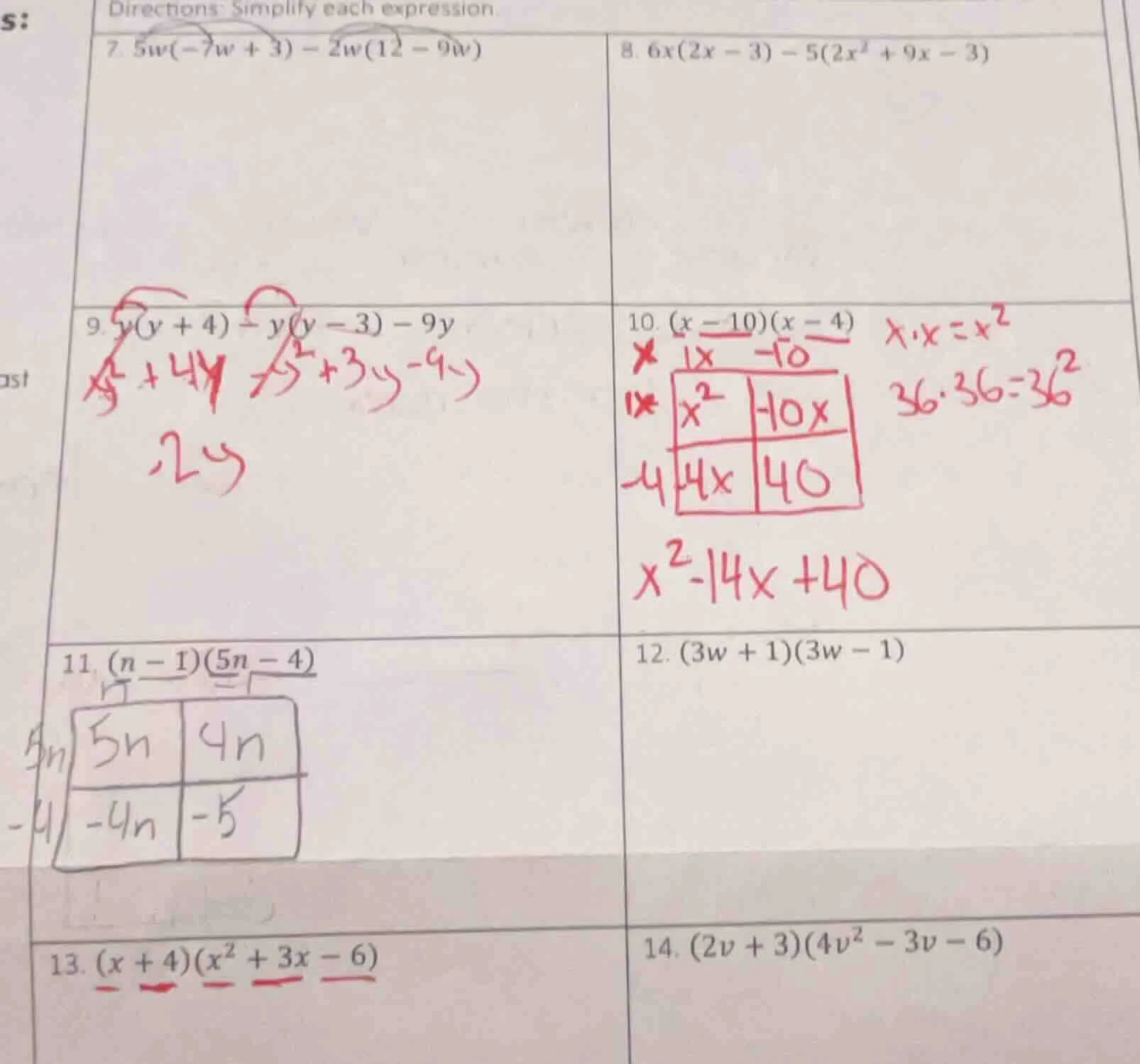 directions: simplify each expression. 7. $5w(-7w + 3) - 2w(12 - 9w)$ 8.…