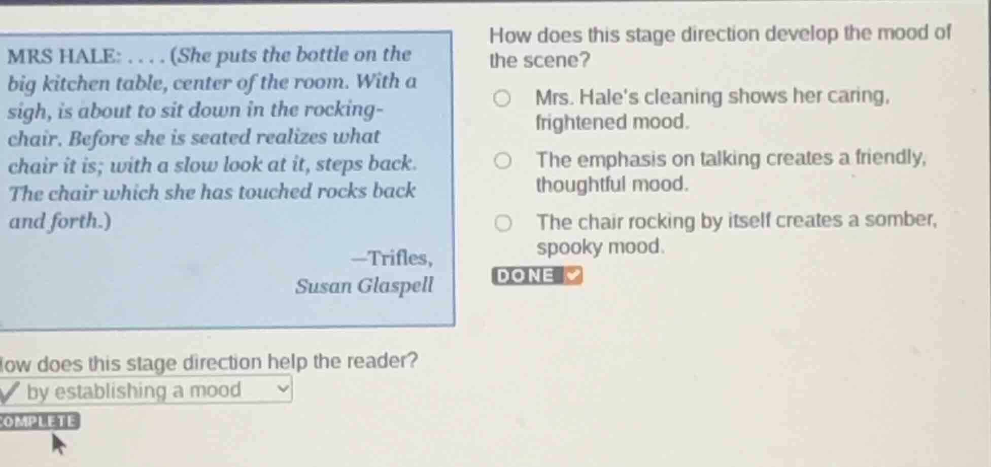 mrs hale: . . . . (she puts the bottle on the big kitchen table, center…