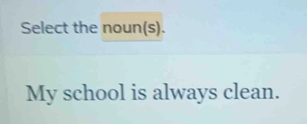 select the noun(s). my school is always clean.