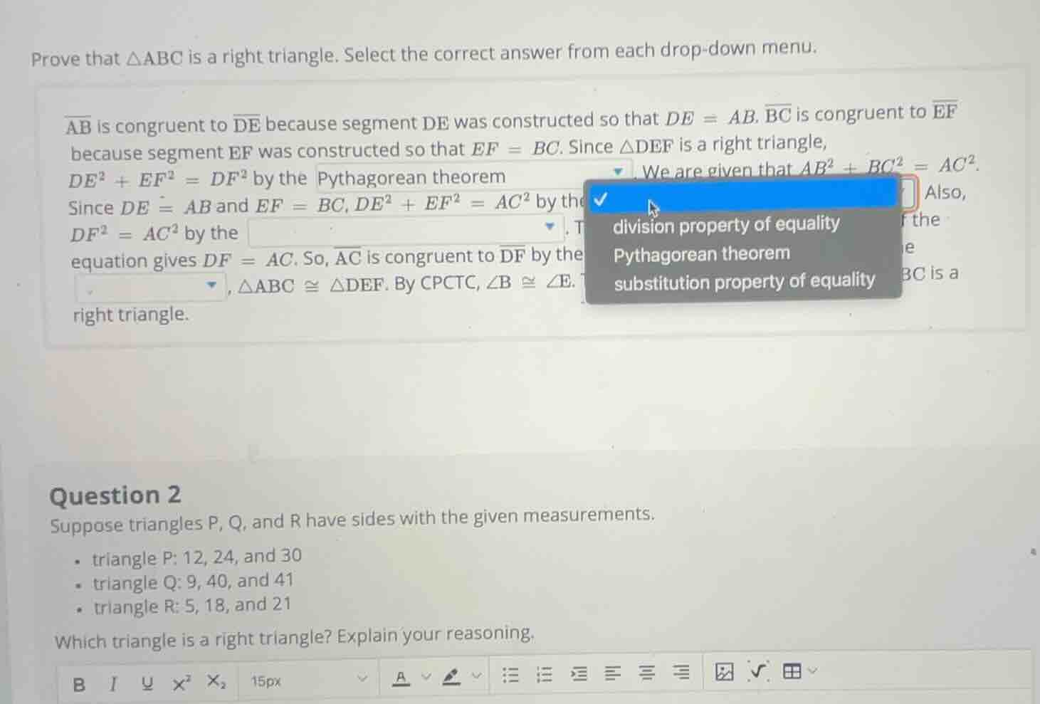 prove that $\\triangle abc$ is a right triangle. select the correct ans…