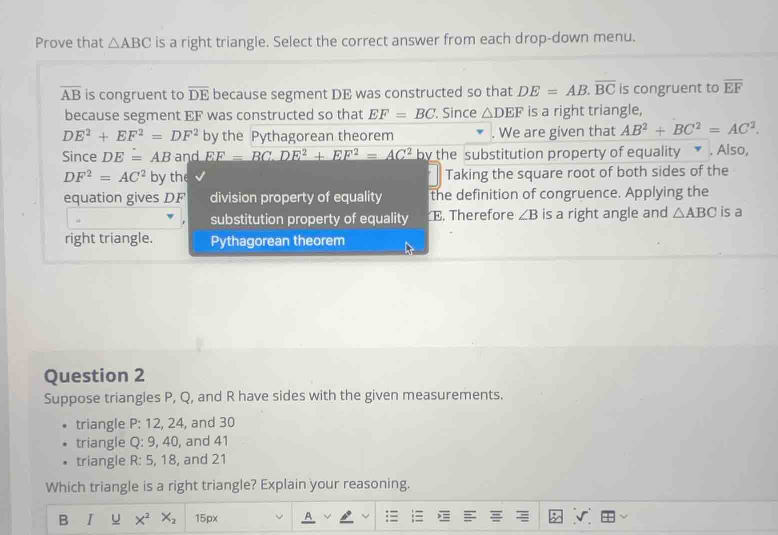 prove that $\\triangle abc$ is a right triangle. select the correct ans…