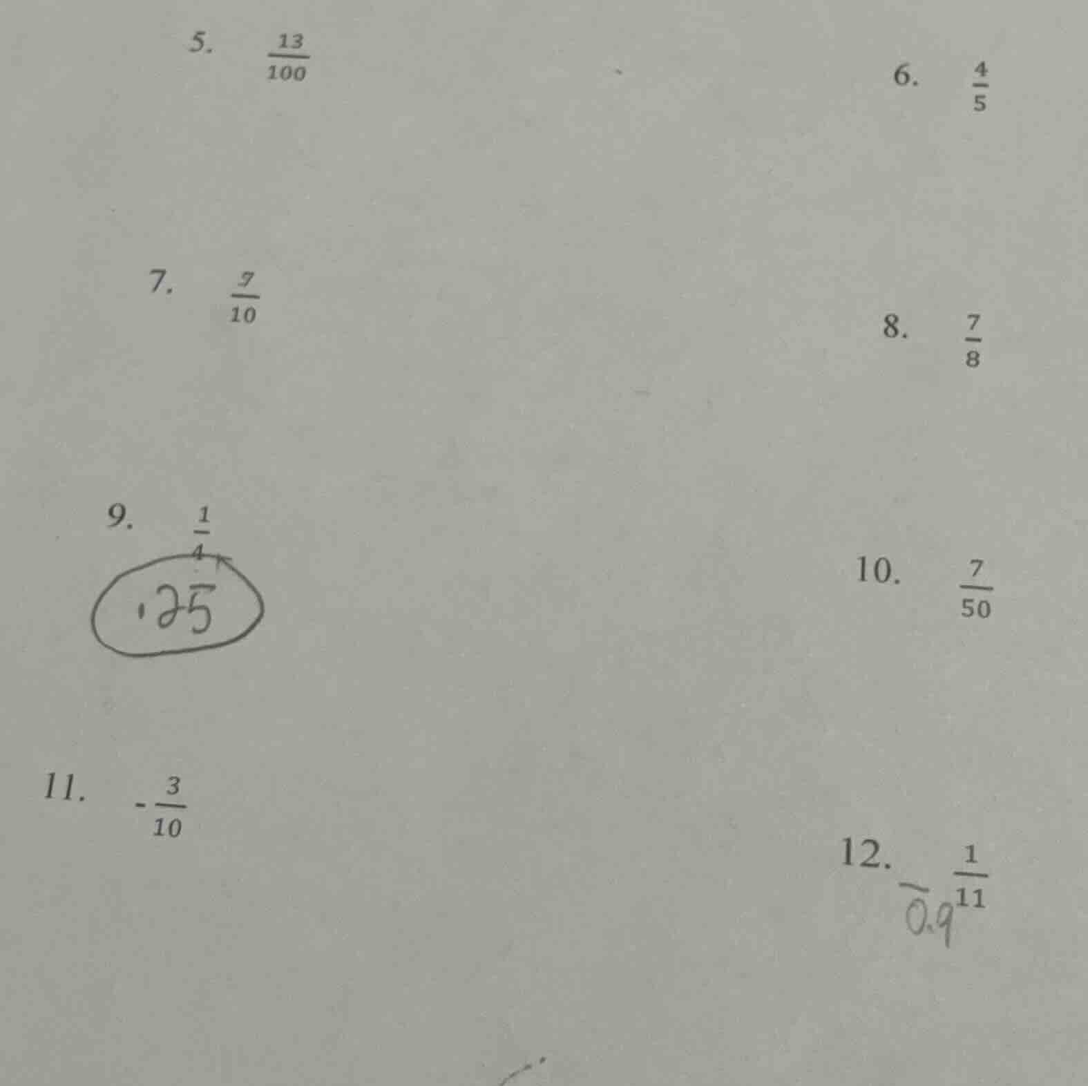 5. \\(\\frac{13}{100}\\)\ 6. \\(\\frac{4}{5}\\)\ 7. \\(\\frac{7}{10}\\)…
