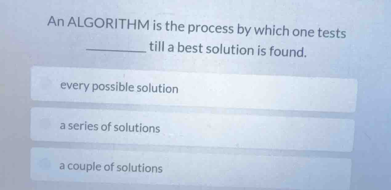 an algorithm is the process by which one tests ______ till a best solut…