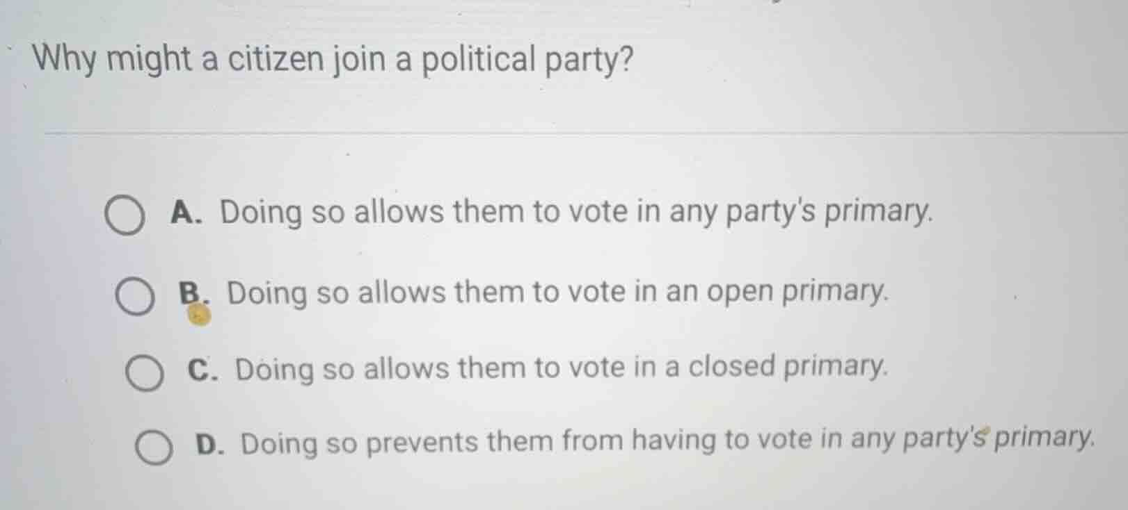why might a citizen join a political party? a. doing so allows them to …