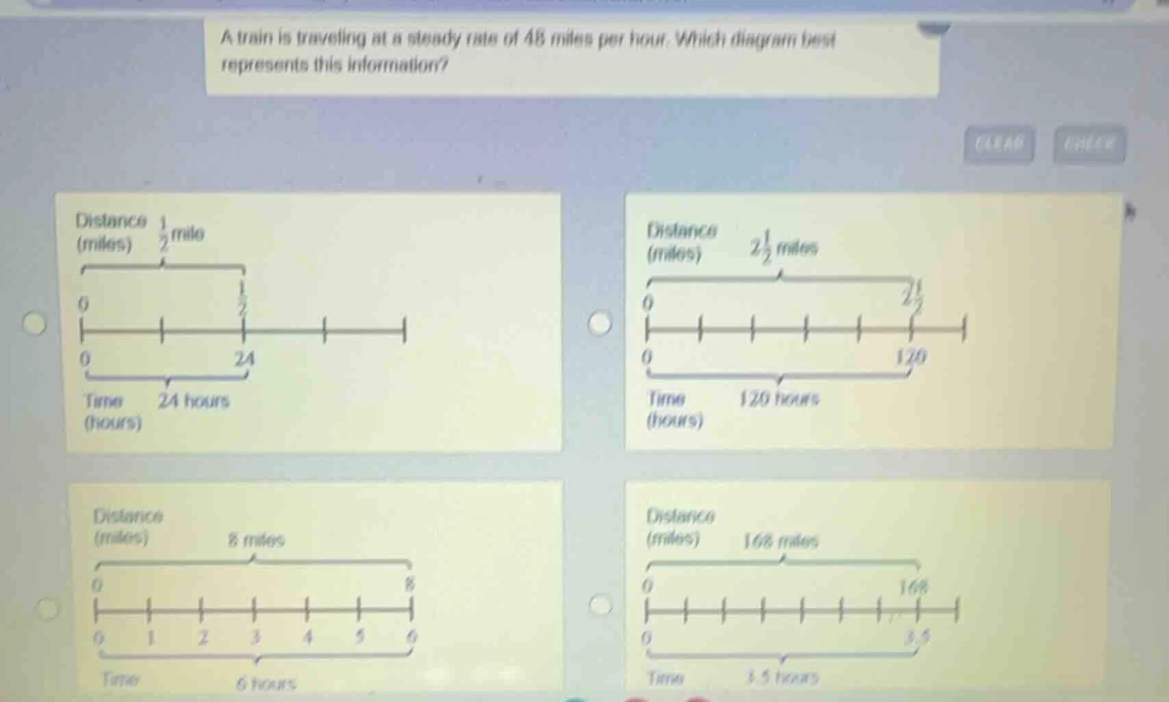 a train is traveling at a steady rate of 48 miles per hour. which diagr…