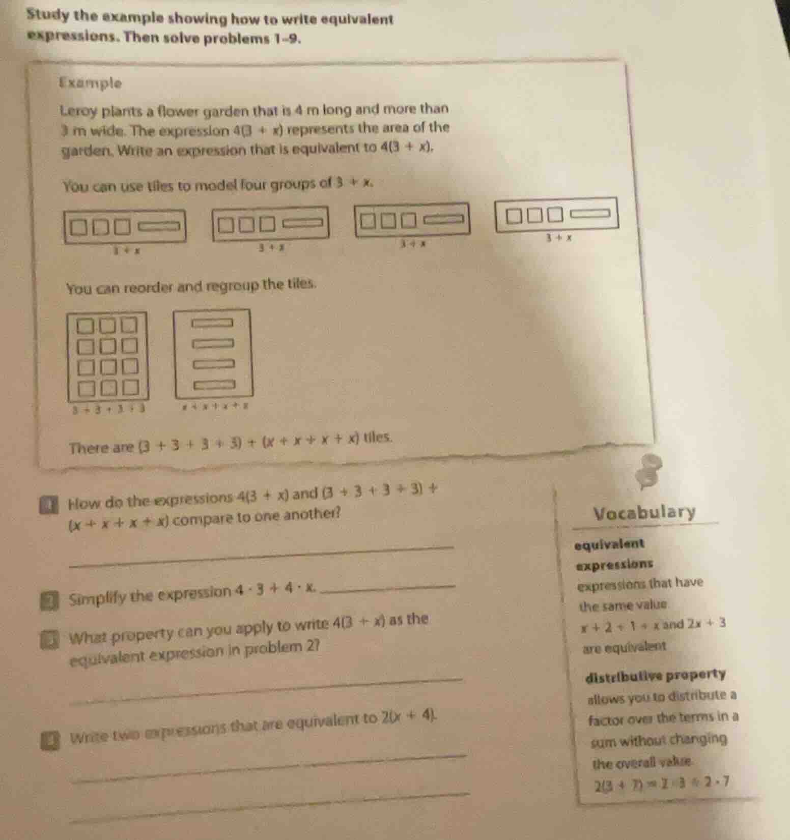 study the example showing how to write equivalent expressions. then sol…