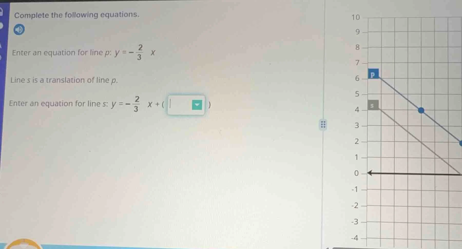 complete the following equations. enter an equation for line p: ( y = -…
