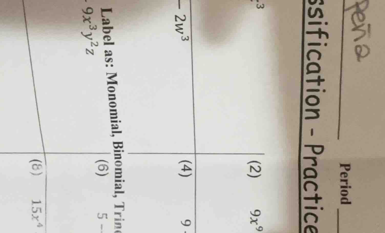 sification - practice label as: monomial, binomial, trino -9x^{3}y^{2}z…