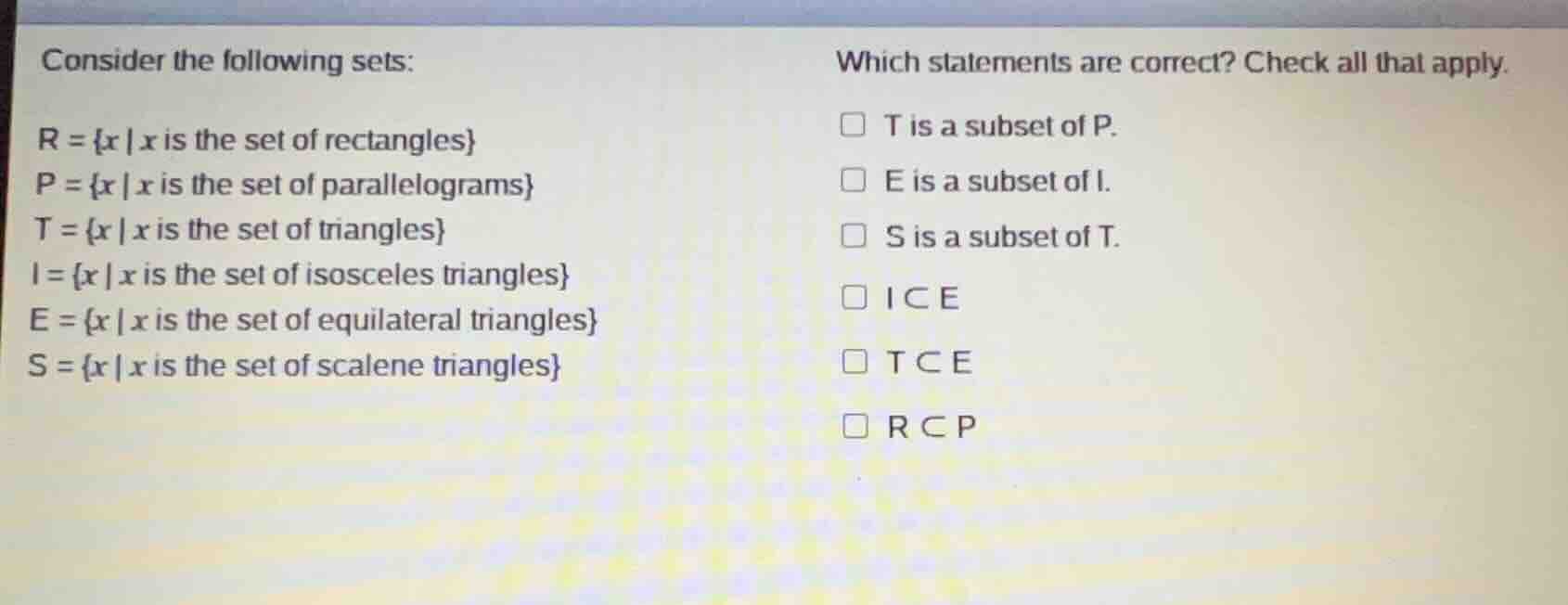 consider the following sets: r = {x | x is the set of rectangles} p = {…