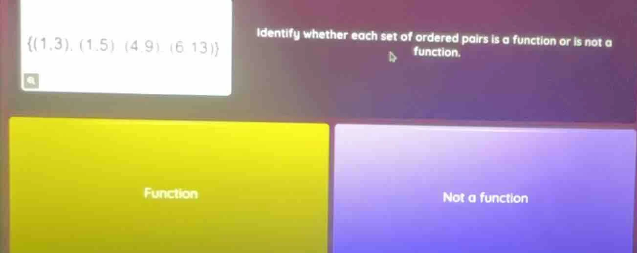 identify whether each set of ordered pairs is a function or is not a fu…