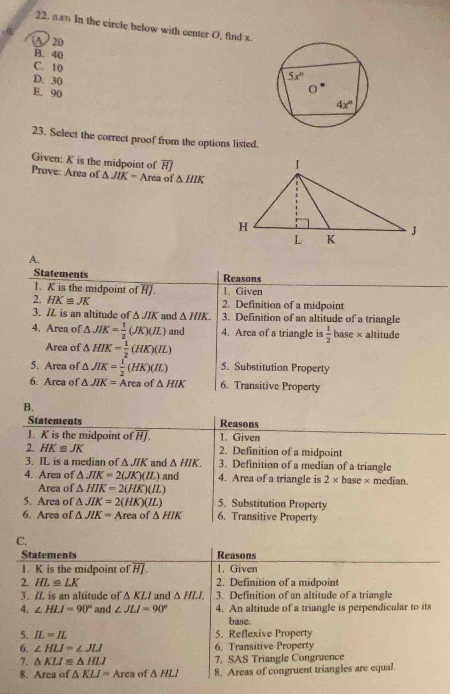 22. in the circle below with center o, find x. a 20 b. 40 c. 10 d. 30 e…