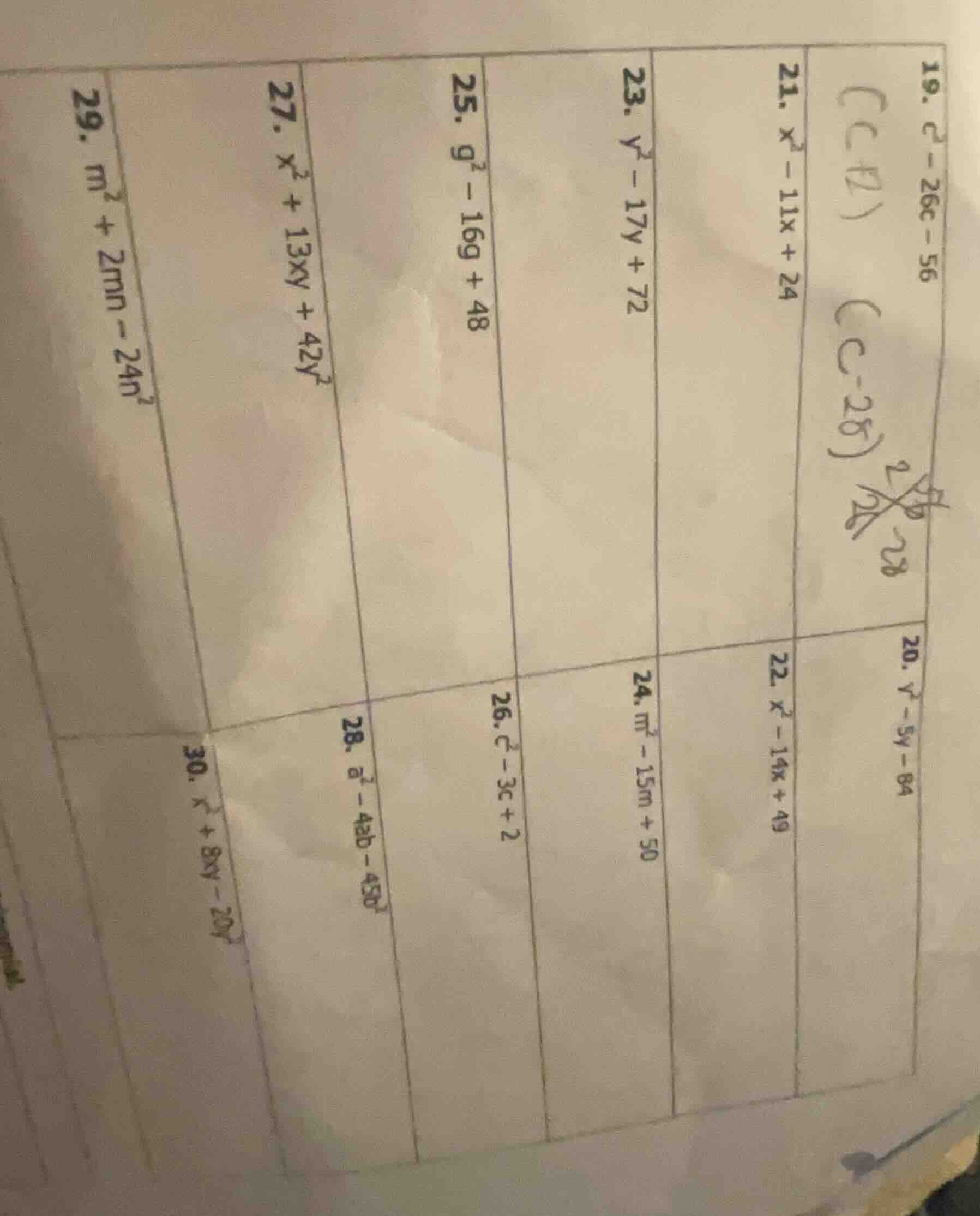 19. ( c^2 - 26c - 56 ) 20. ( y^2 - 5y - 84 ) 21. ( x^2 - 11x + 24 ) 22.…