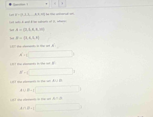 question 1 let ( u = {1,2,3,dots,8,9,10} ) be the universal set. let se…