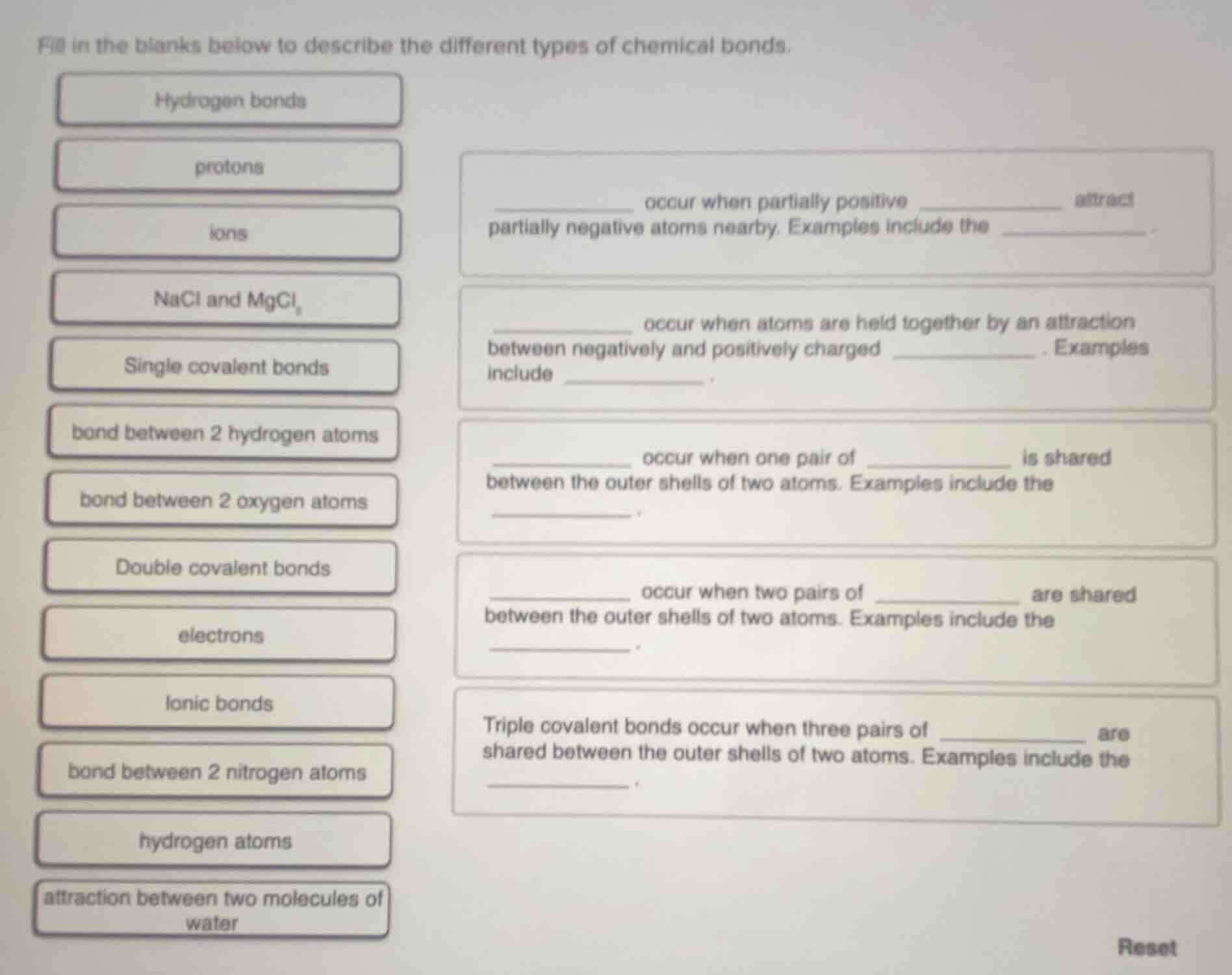 fill in the blanks below to describe the different types of chemical bo…