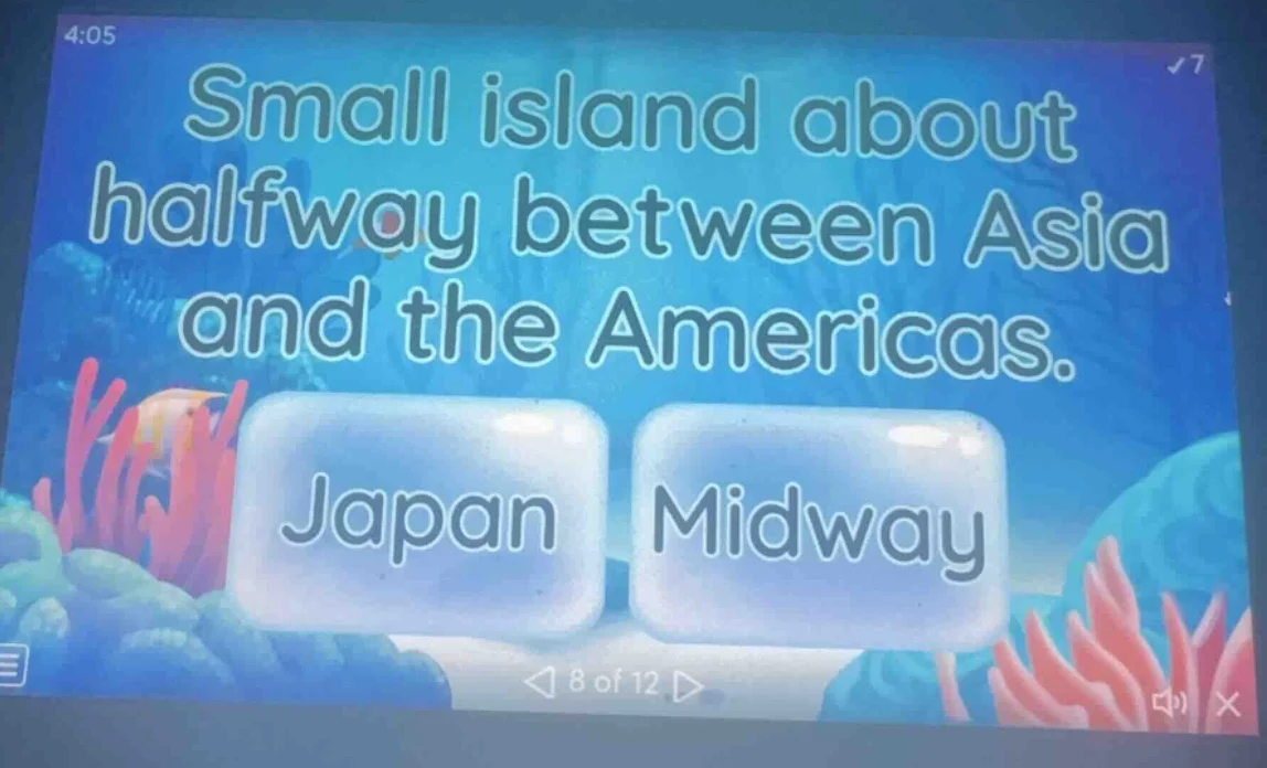 small island about halfway between asia and the americas. japan midway