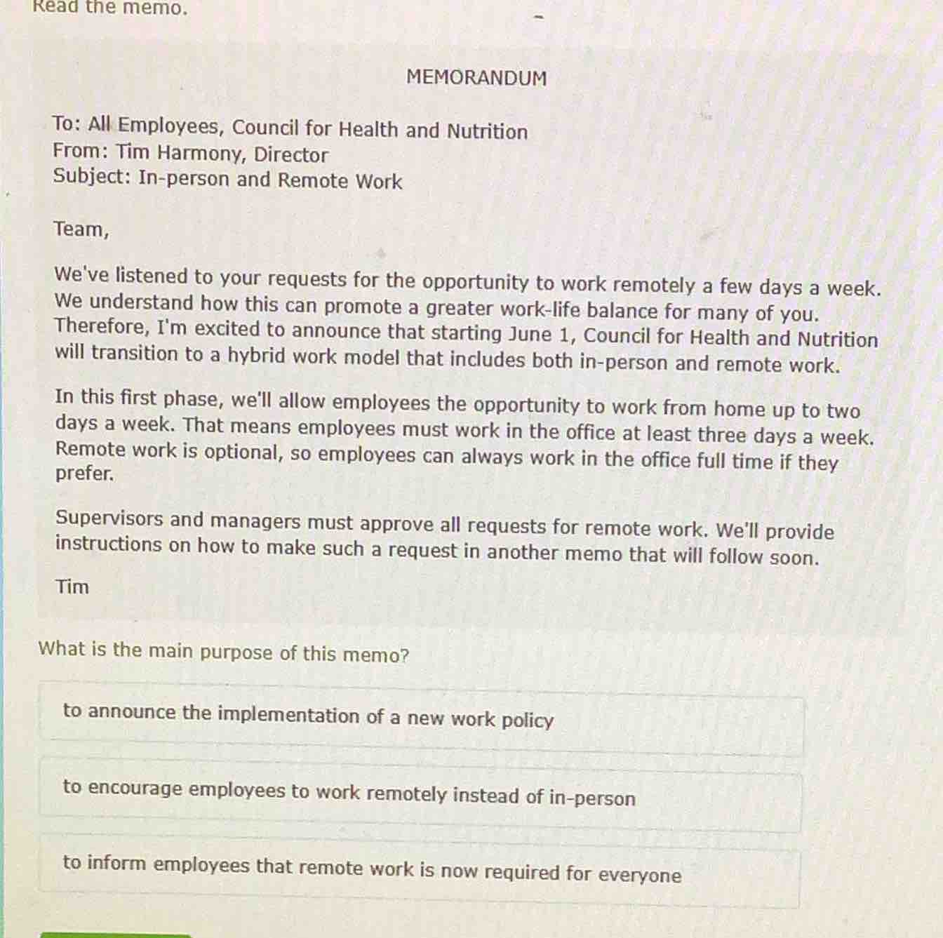 read the memo. memorandum to: all employees, council for health and nut…