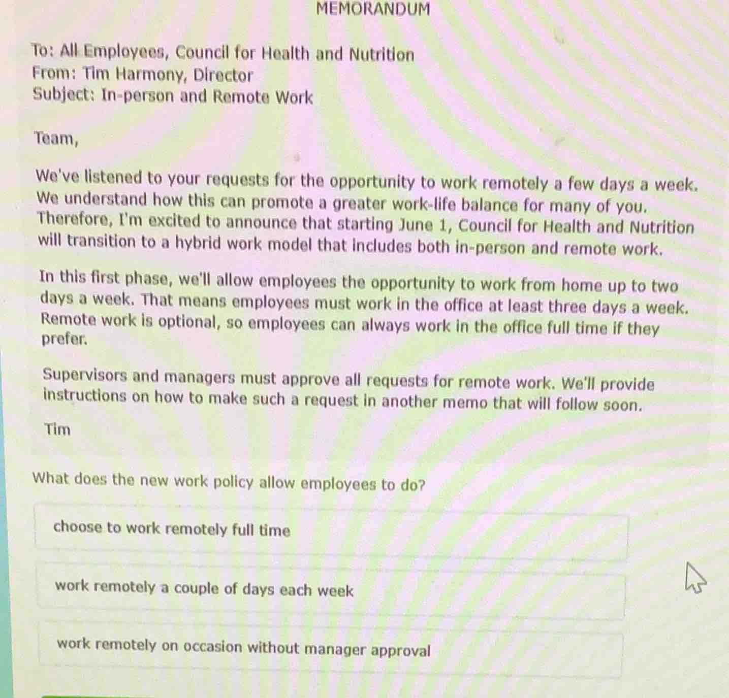 memorandum to: all employees, council for health and nutrition from: ti…