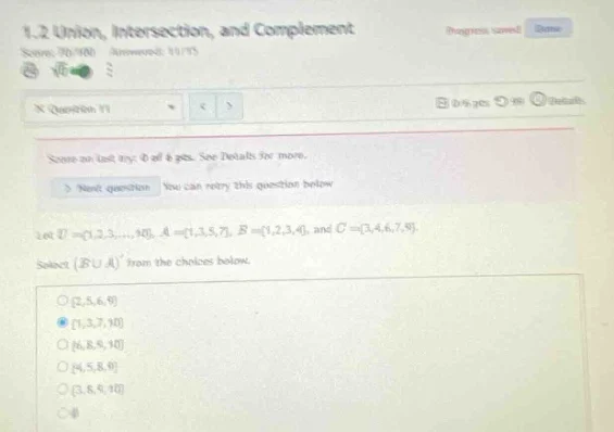 1.2 union, intersection, and complement score: 70/100 answered: 11/15 q…