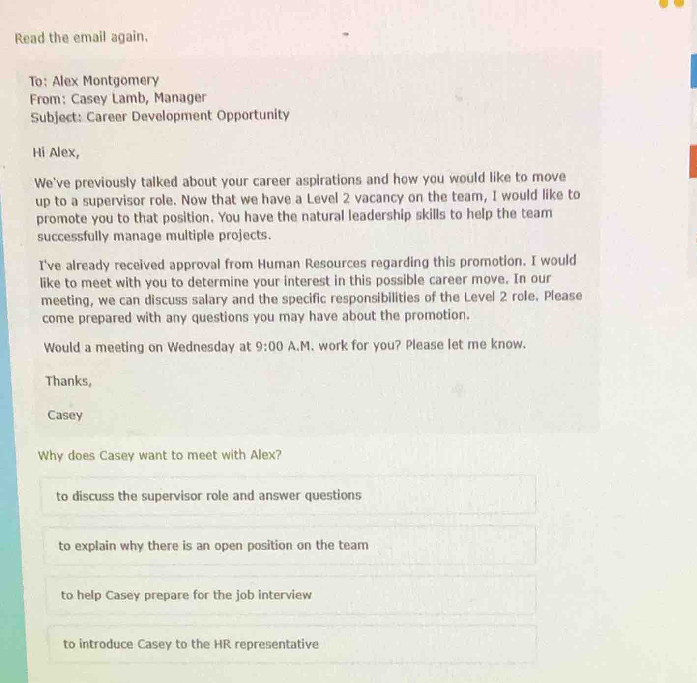 read the email again. to: alex montgomery from: casey lamb, manager sub…