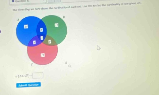 the venn diagram here shows the cardinality of each set. use this to fi…