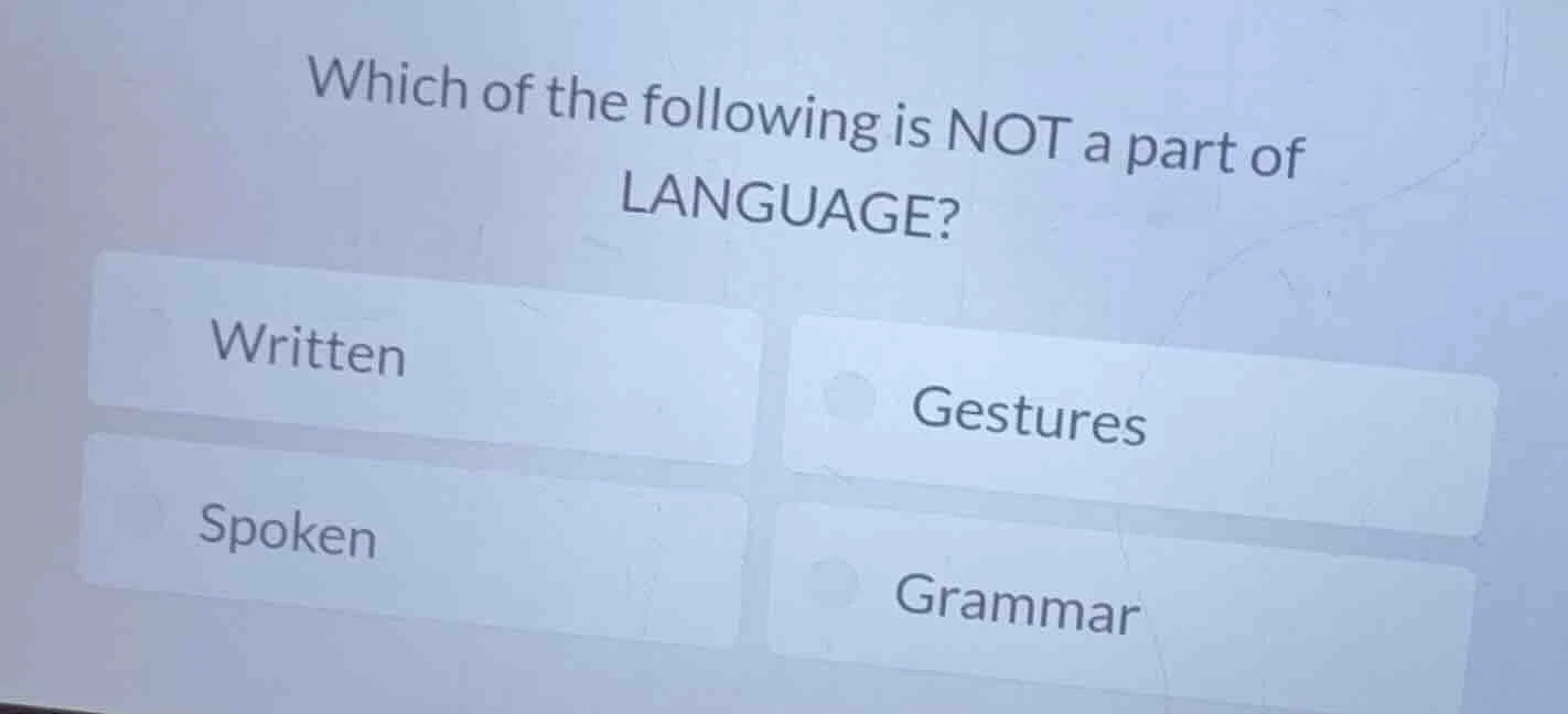 which of the following is not a part of language? written gestures spok…