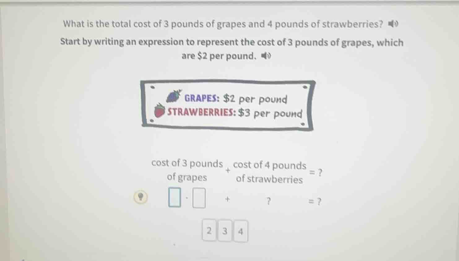 what is the total cost of 3 pounds of grapes and 4 pounds of strawberri…
