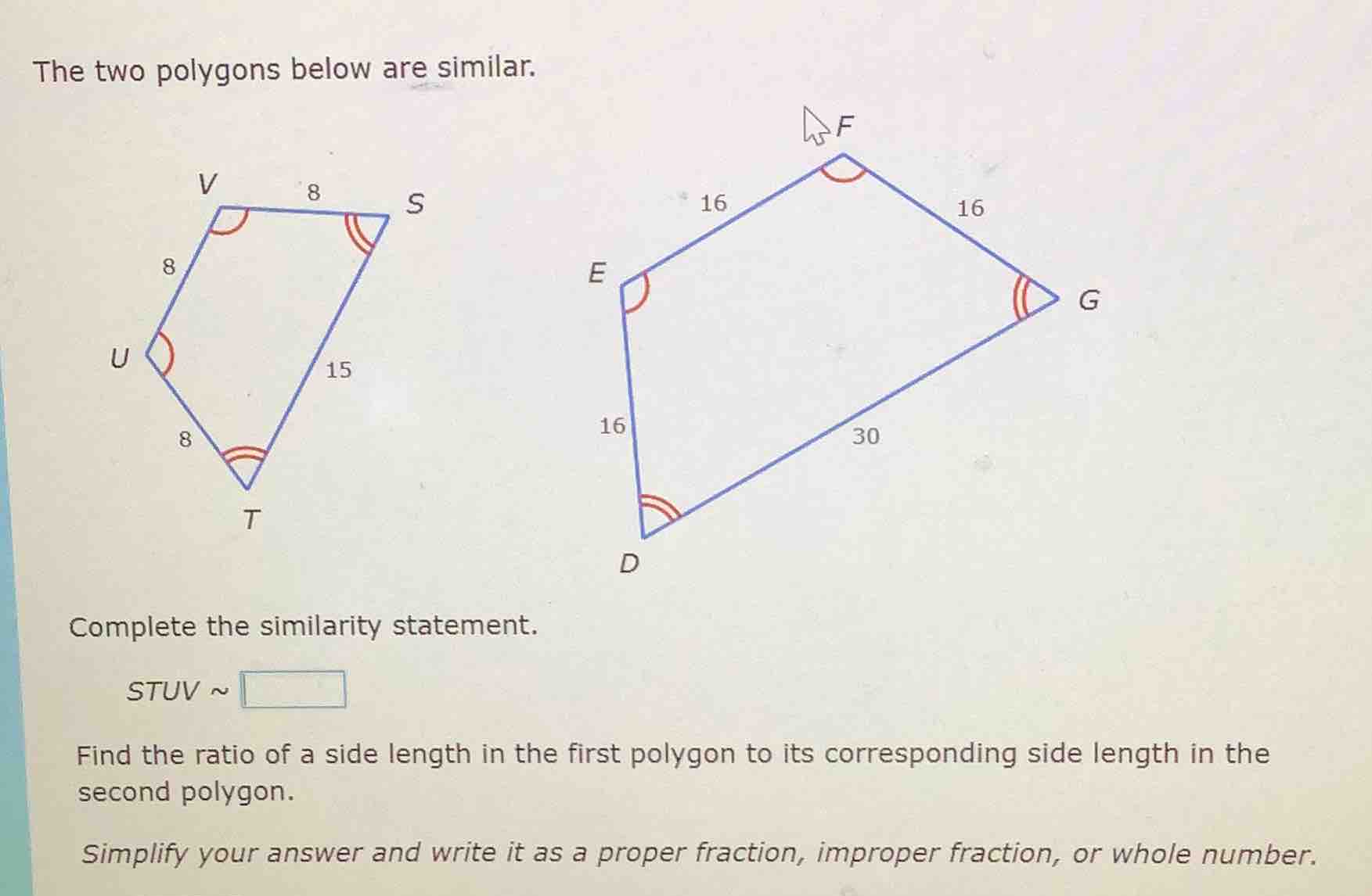 the two polygons below are similar. complete the similarity statement. …