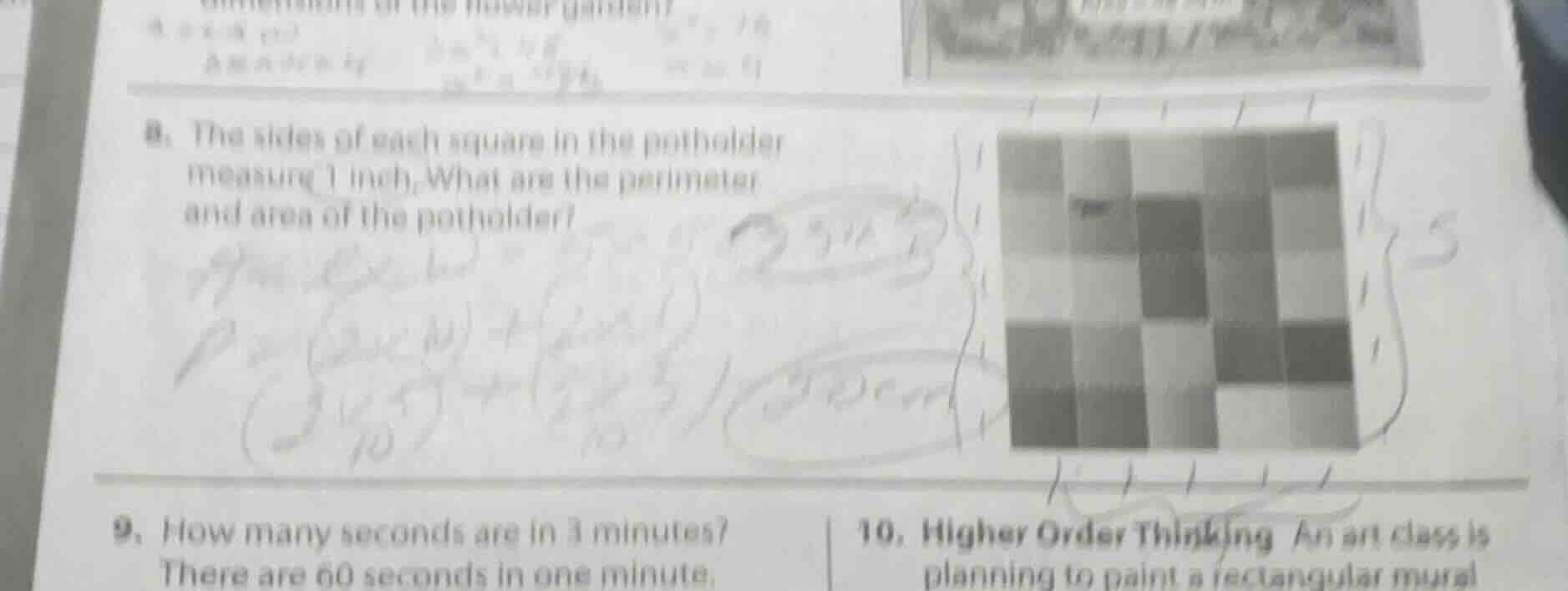 8. the sides of each square in the potholder measure 1 inch. what are t…