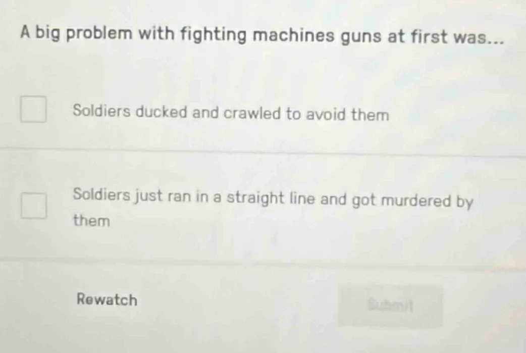 a big problem with fighting machines guns at first was... soldiers duck…