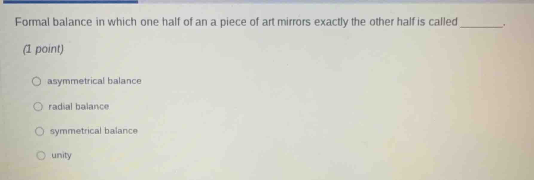 formal balance in which one half of an a piece of art mirrors exactly t…