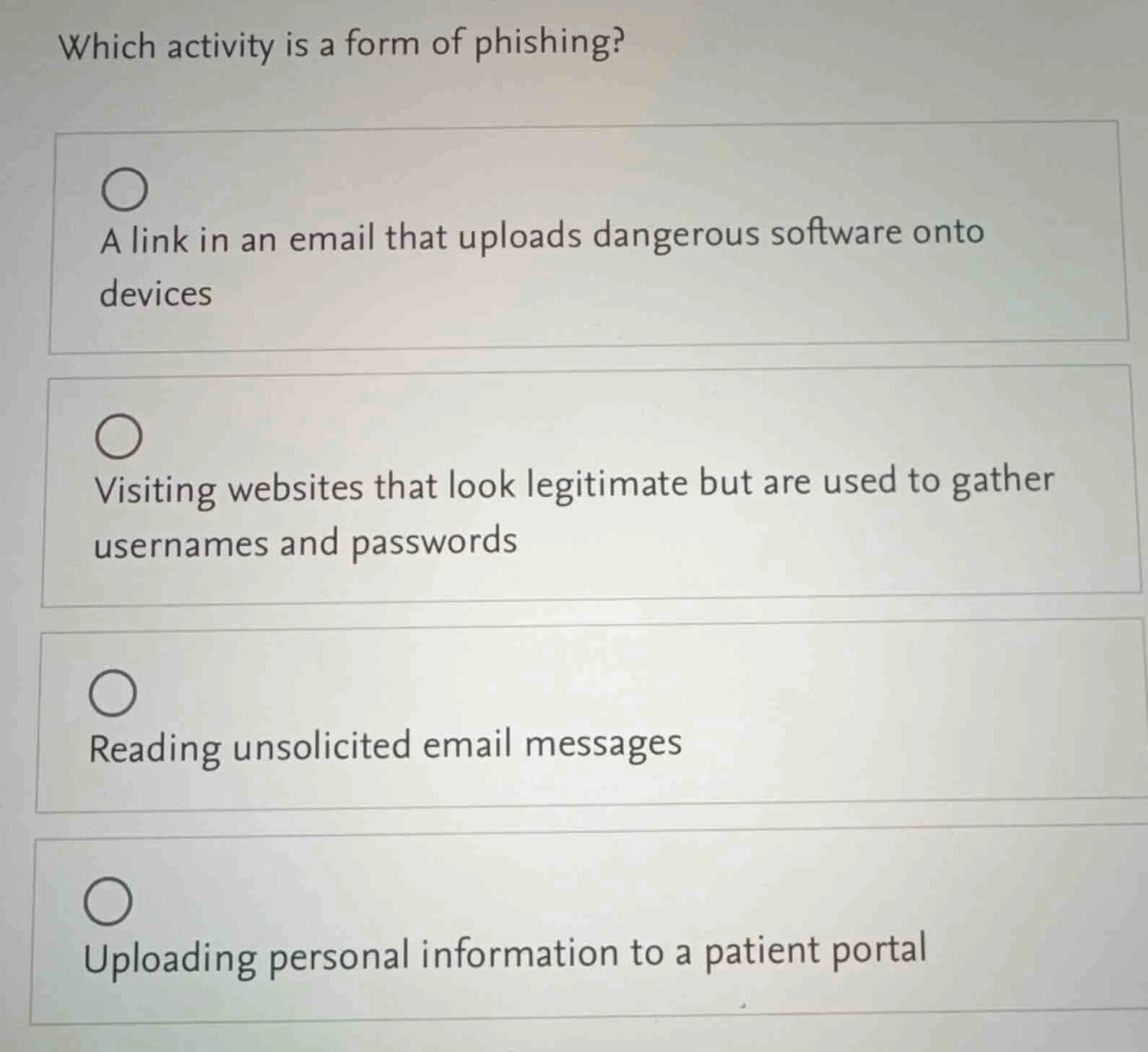 which activity is a form of phishing? a link in an email that uploads d…