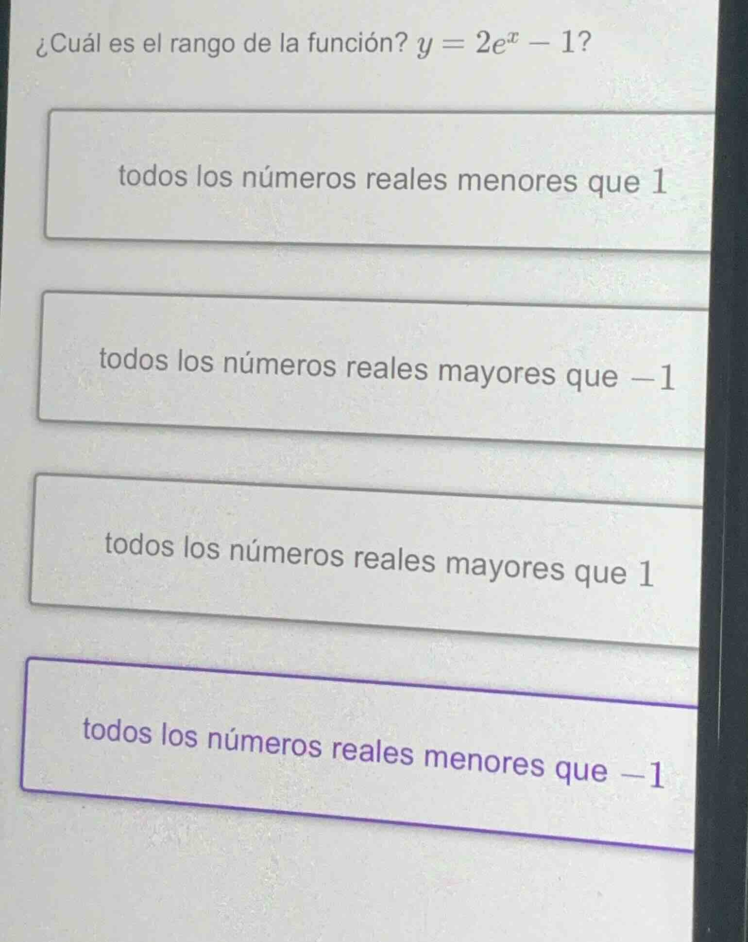 ¿cuál es el rango de la función? $y = 2e^x - 1$? todos los números real…