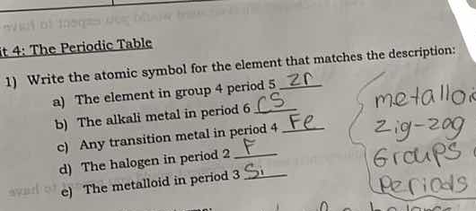 t 4: the periodic table 1) write the atomic symbol for the element that…