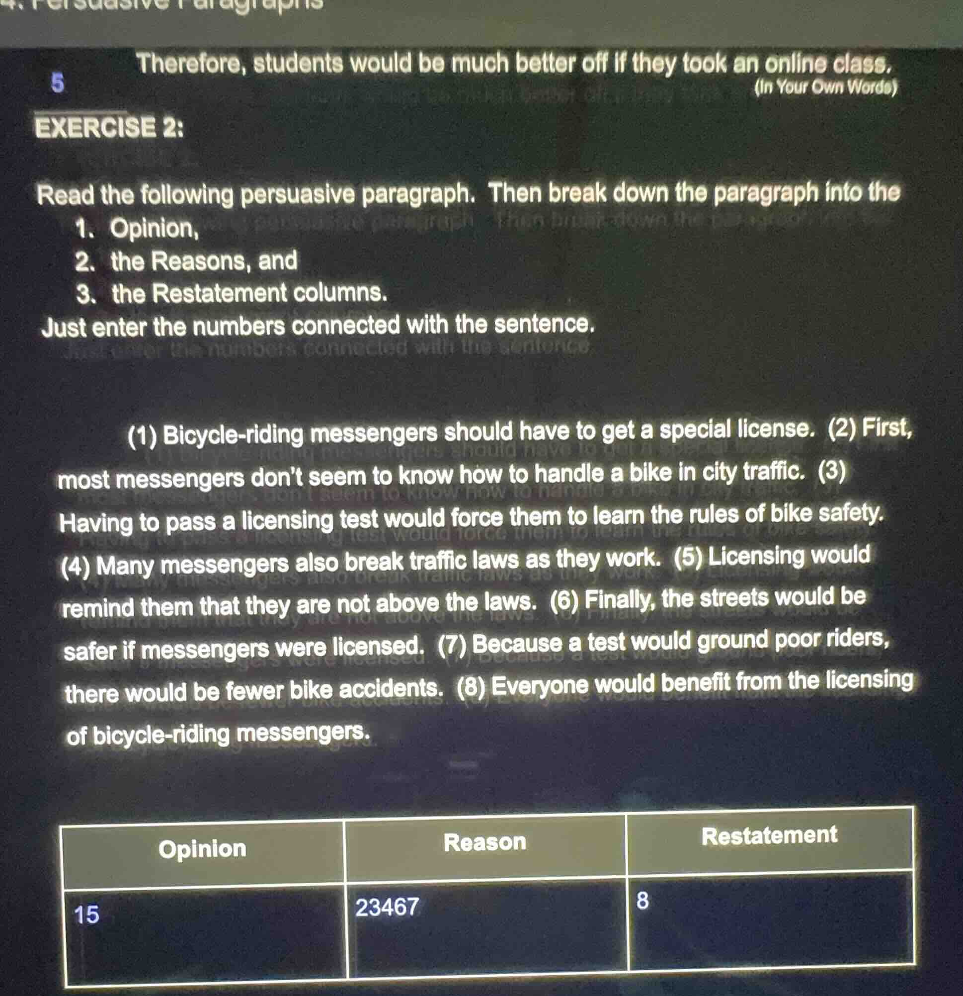 exercise 2: read the following persuasive paragraph. then break down th…