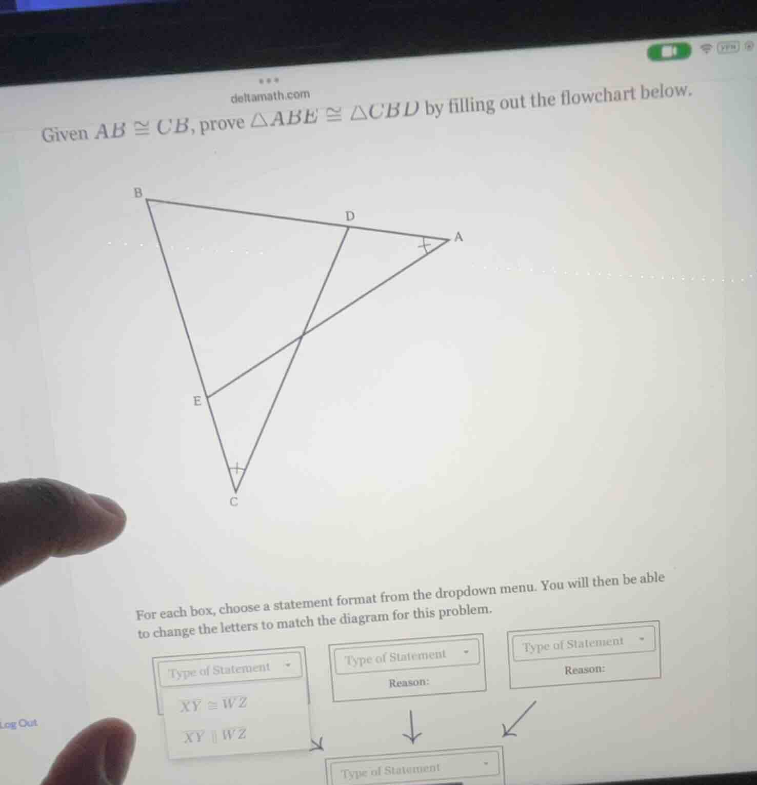 deltamath.com given ( ab cong cb ), prove ( \triangle abe cong \triangl…