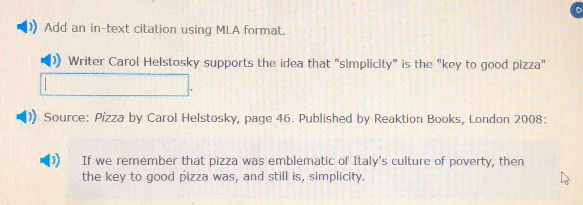 add an in-text citation using mla format. writer carol helstosky suppor…