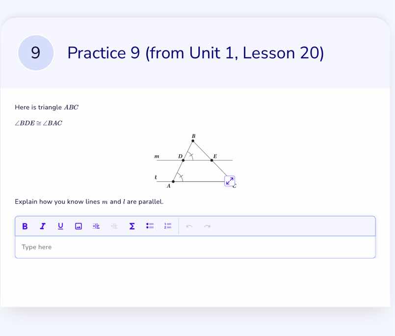 9 practice 9 (from unit 1, lesson 20) here is triangle abc $\\angle bde…