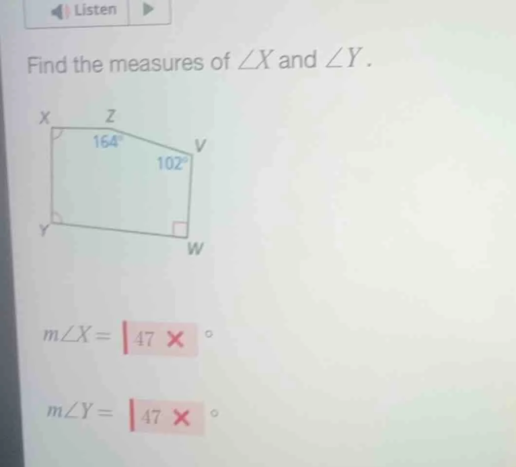 find the measures of $\\angle x$ and $\\angle y$. $m\\angle x= \\boldsy…