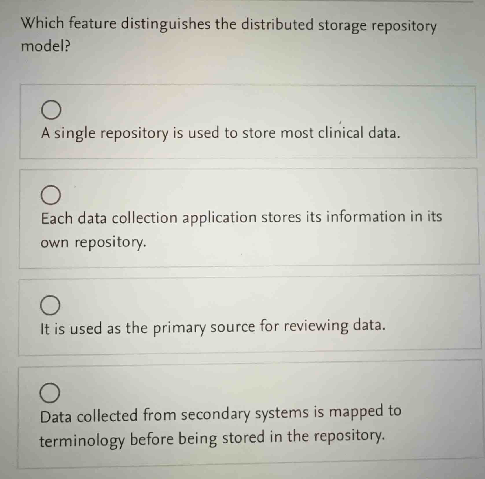which feature distinguishes the distributed storage repository model? a…