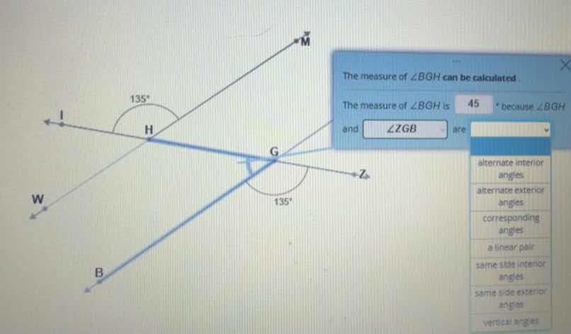 the measure of ∠bgh can be calculated. the measure of ∠bgh is 45° becau…