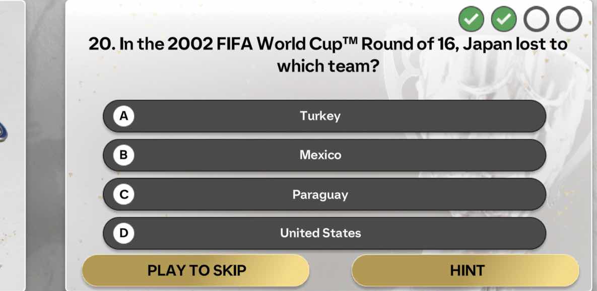 20. in the 2002 fifa world cup™ round of 16, japan lost to which team? …