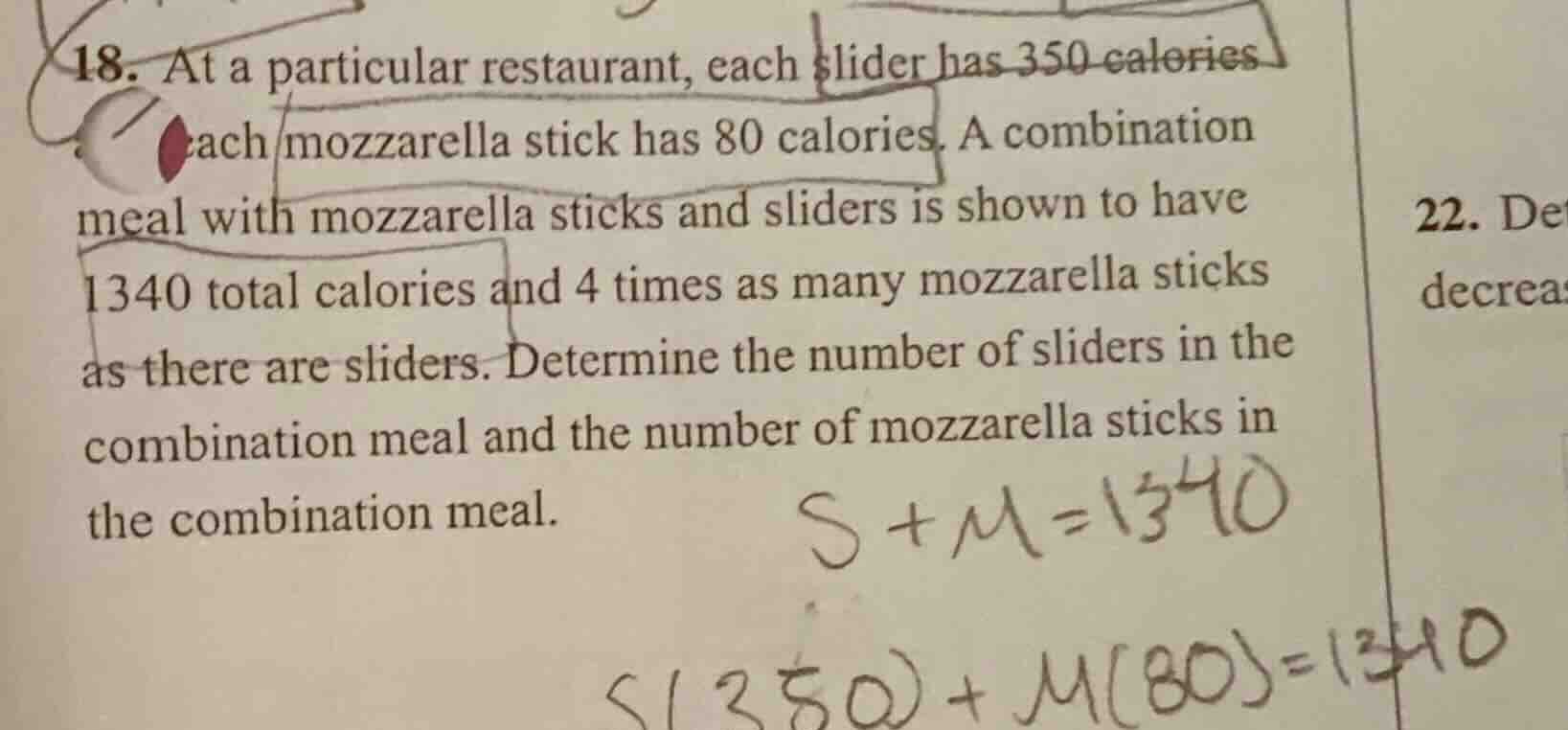 18. at a particular restaurant, each slider has 350 calories each mozza…