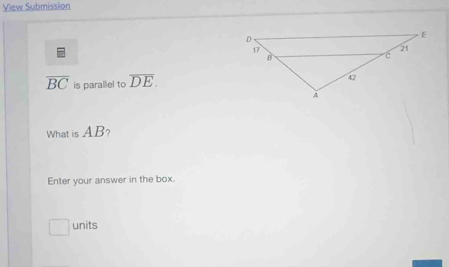 view submission \\overline{bc} is parallel to \\overline{de}. what is a…