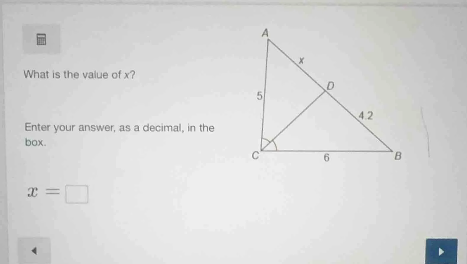 what is the value of x? enter your answer, as a decimal, in the box. x =