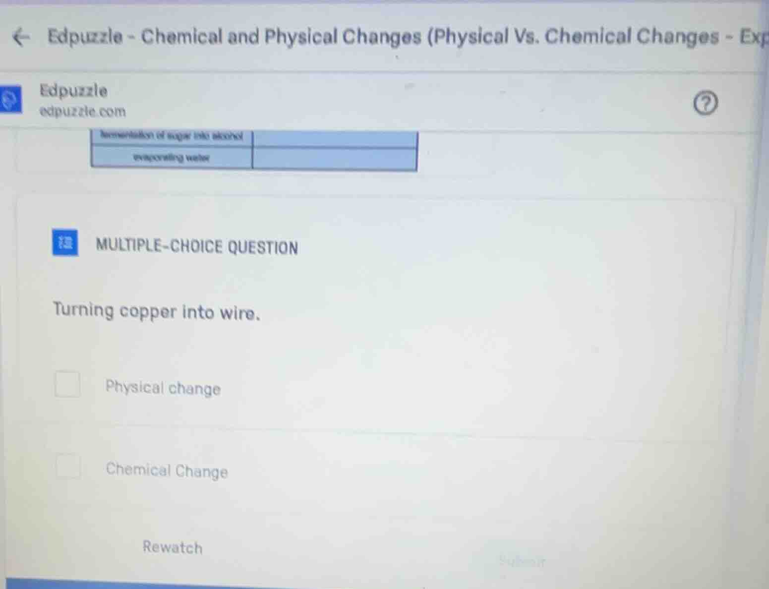 multiple-choice question turning copper into wire. physical change chem…